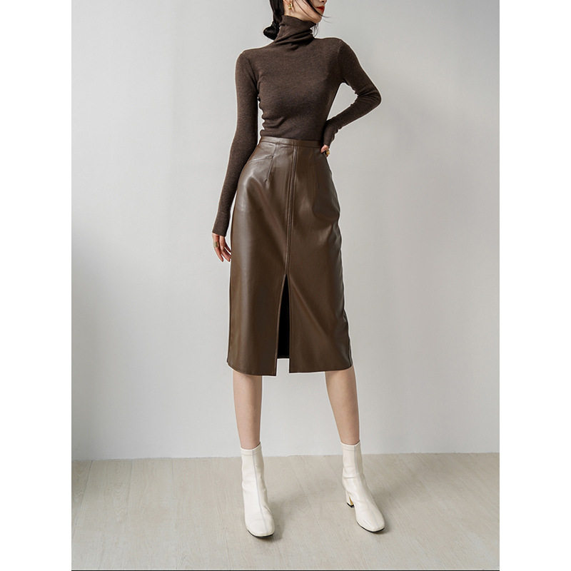 中长款皮裙半身裙女2025秋冬韩版复古气质高腰显瘦开叉A字包臀裙
