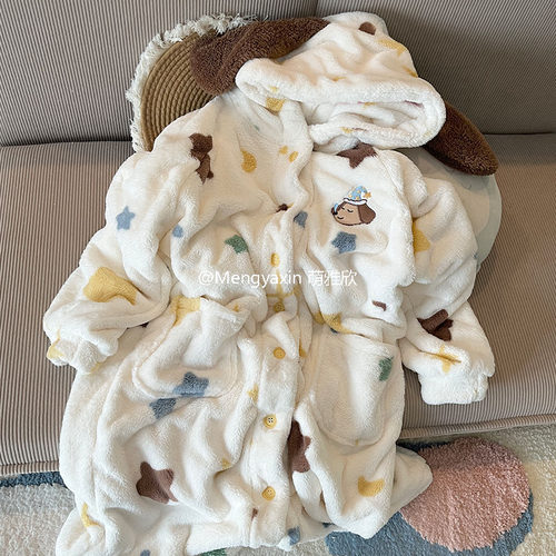 星星小狗睡衣女款秋冬季珊瑚绒加厚加绒睡袍长款连帽可爱2025新款