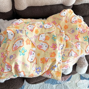 春秋夏季 长裤 黄色KT猫睡衣女款 云朵棉长袖 家居服 套装 卡通可爱开衫