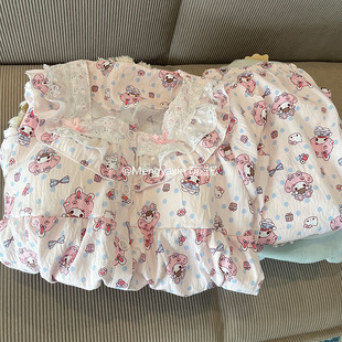 带胸垫美乐蒂睡衣女款春秋夏季云朵棉长袖长裤套装可爱薄款家居服