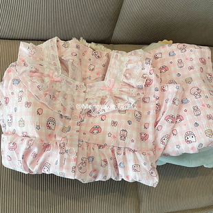 带胸垫粉格子美乐蒂睡衣女春秋夏季云朵棉长袖长裤套装可爱家居服