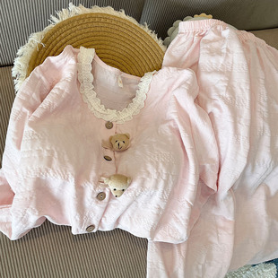 带胸垫粉小熊睡衣女款春秋夏季云朵棉长袖长裤套装可爱薄款家居服