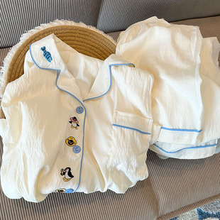 带胸垫杏企鹅睡衣女款春秋夏季云朵棉长袖长裤套装可爱开衫家居服