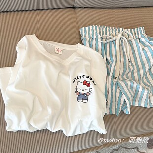白KT猫睡衣女款夏季纯棉短袖短裤两件套卡通可爱少女可外穿家居服