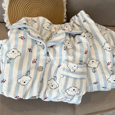 卡通条纹狗毛绒睡衣女款秋冬季珊瑚绒加厚加绒套装情侣可爱家居服