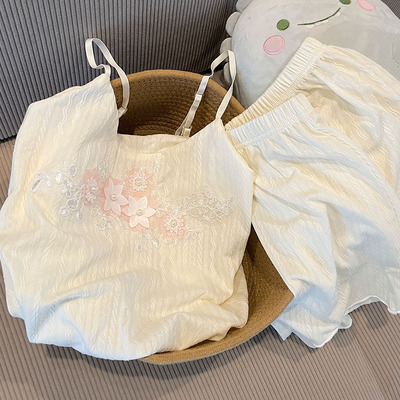 花朵女纯棉带胸垫睡衣性感
