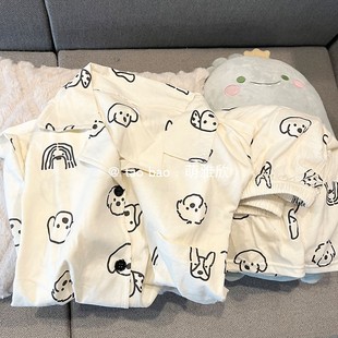 两件套卡通可爱少女休闲家居服 杏色小狗睡衣女款 夏季 纯棉短袖 短裤