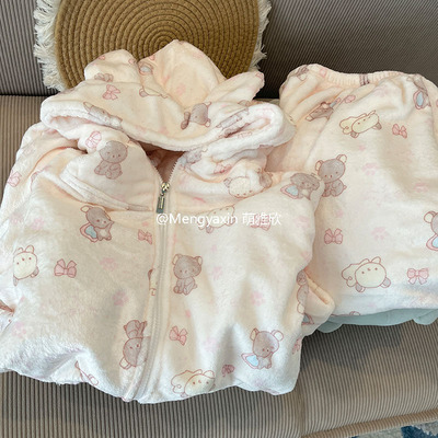 小熊女珊瑚绒卡通睡衣开衫