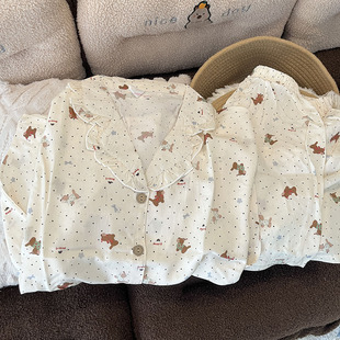 黑点狗睡衣女款夏季云朵棉短袖短裤两件套卡通可爱开衫夏天家居服