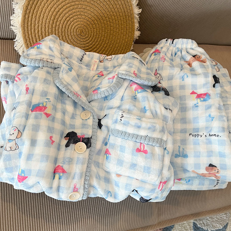 小狗女珊瑚绒卡通睡衣开衫