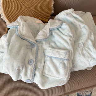 蓝KT猫睡衣女款春秋冬季珊瑚绒加厚长袖套装卡通可爱奶乎乎家居服