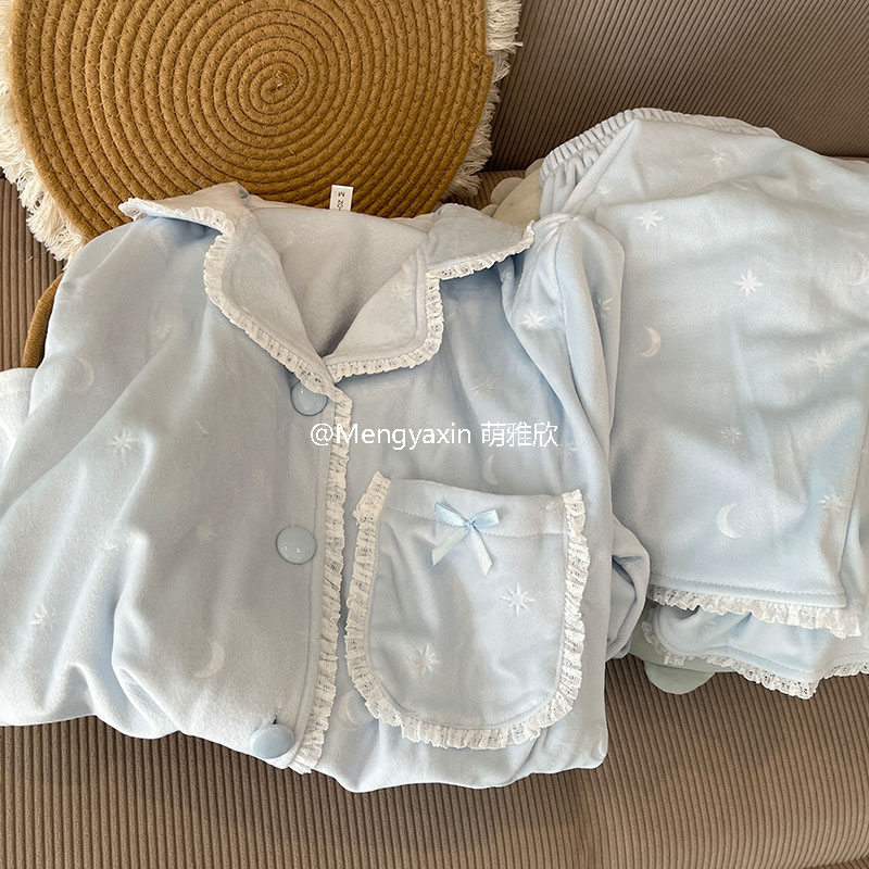 蓝色女海岛绒纯色睡衣简约