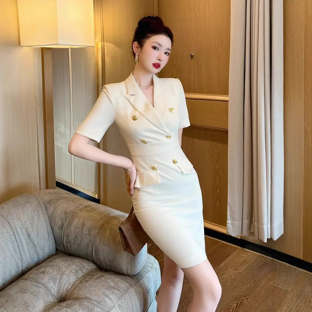 正式场合女装通勤职业西装领双排扣收腰包臀小个子连衣裙夏季新款