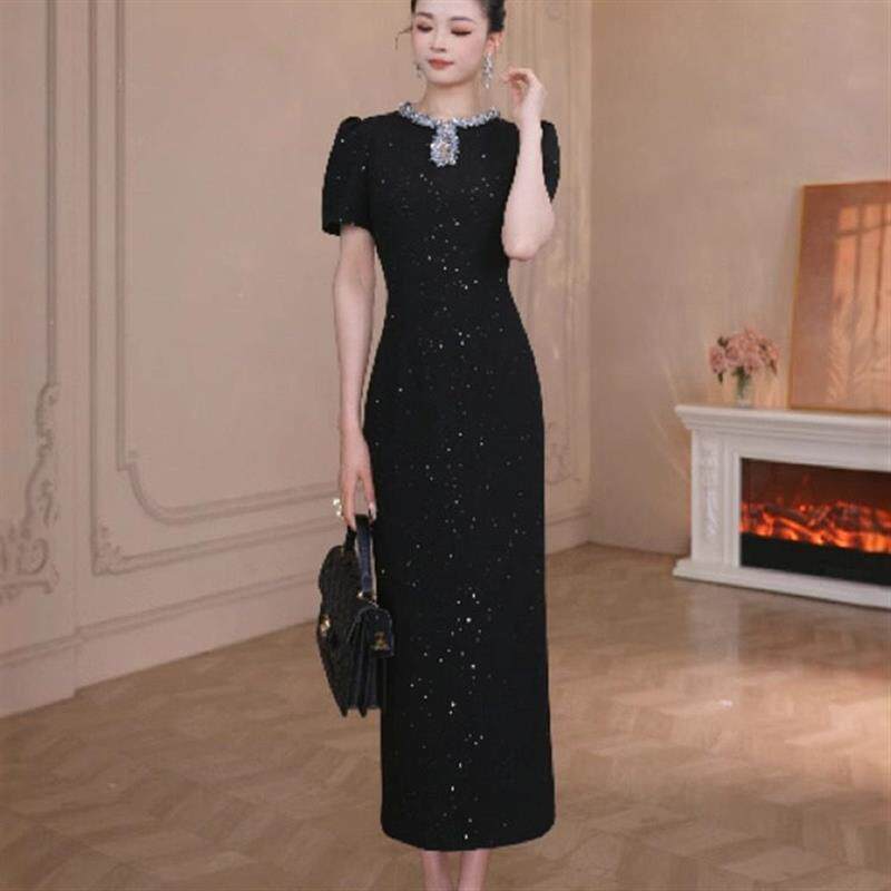 轻奢气质黑色连衣裙重工烫钻亮片收腰显瘦高级感千金风生日礼服裙