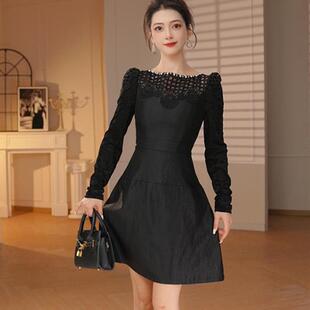高级感chic穿搭新款秋季收腰显瘦连衣裙女黑色短款长袖拼接a字裙