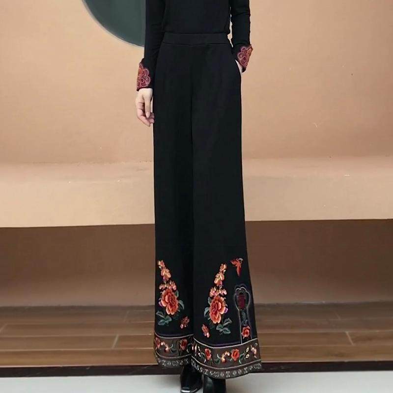 秋季新中式民族风刺绣花阔腿裤女裤高腰垂感休闲裤长裤国风裙裤