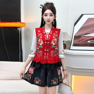 夏季新款新中式刺绣马甲外搭无袖马夹坎肩提花短裤裙裤两件套装女