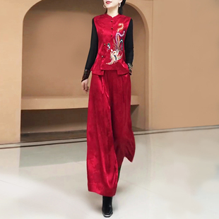 典雅贵气民族风刺绣马夹休闲花苞裤 套装 两件套女 马甲阔腿裤 新中式