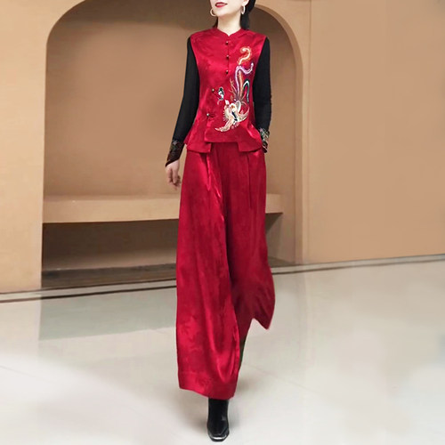新中式刺绣马甲阔腿裤两件套装女