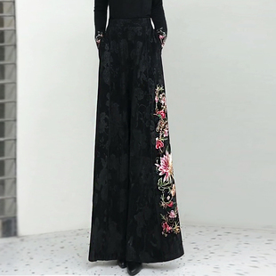 新款 提花春暖花开长裤 新中式 民族风刺绣休闲裤 女 阔腿裤 2026年春季