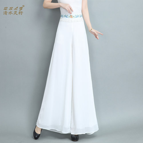 QSLZ/清水灵籽2026夏季新款刺绣高腰阔腿裤女裤休闲雪纺女裤长裤