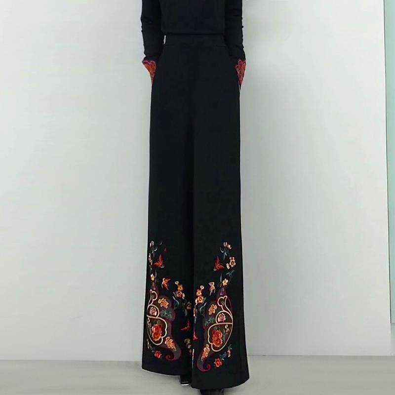 秋季新中式民族风刺绣花阔腿裤女裤高腰垂感休闲裤长裤国风裙裤