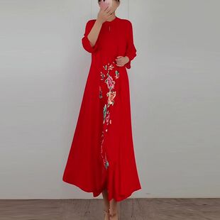 新款 2026年夏季 连衣裙 拼接刺绣长款 如意领盘扣礼服长裙女 新中式