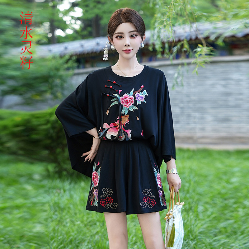 新中式刺绣短裤套装女夏季显瘦