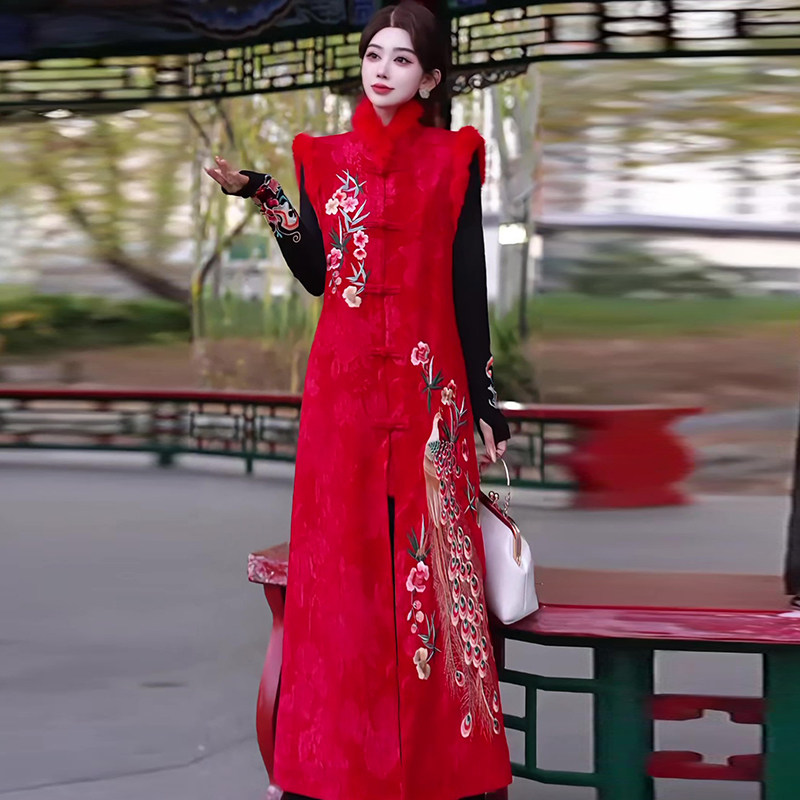 冬季新款兔毛领过膝长款马甲新中式刺绣棉服高领保暖大衣外套女