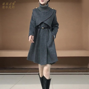 2025冬季新款披肩领毛呢外套中长款轻奢高腰韩版双面呢大衣斗篷女