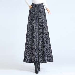 高腰喇叭裤 女秋冬季 甩裤 垂坠A字休闲裤 提花毛呢阔腿裤 大脚裤 裙裤