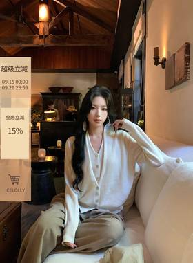 ICELOLLY假两件白色羊毛针织衫女2025新款秋季穿搭毛衣开衫外套