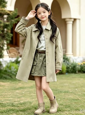 女童风衣外套2026新款秋冬韩系格子袖口单排扣中大童儿童洋气大衣