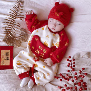 婴儿红包放这拜冬年服收红包衣服宝宝过年喜庆连体衣冬季加绒加厚