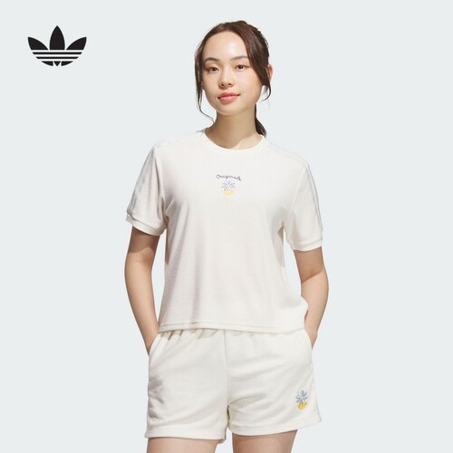阿迪达斯三叶草短袖女2025新款运动毛巾料圆领T恤KB8960KB8961
