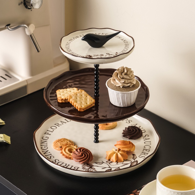 中古风下午茶零食点心盘陶瓷水果盘多层蛋糕盘甜品桌面精致摆放盘