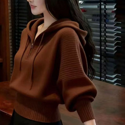 2025新款时尚厚款纯色卫衣连帽毛针织衫休闲慵懒风上衣针织衫短款
