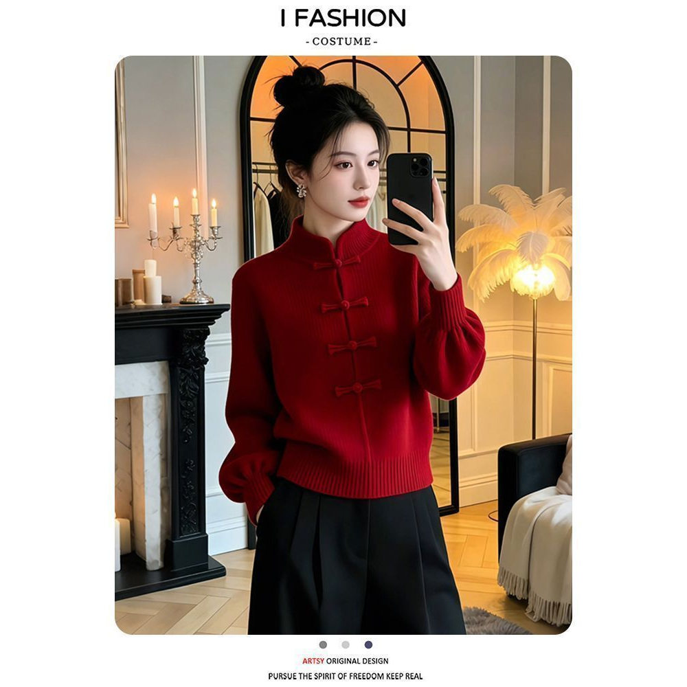 小个子立领红色本命年针织衫上衣2026春季新款高级感休闲风毛衣女,女装/女士精品,毛针织衫,淘宝优惠券,粉丝福利购,淘宝优惠卷