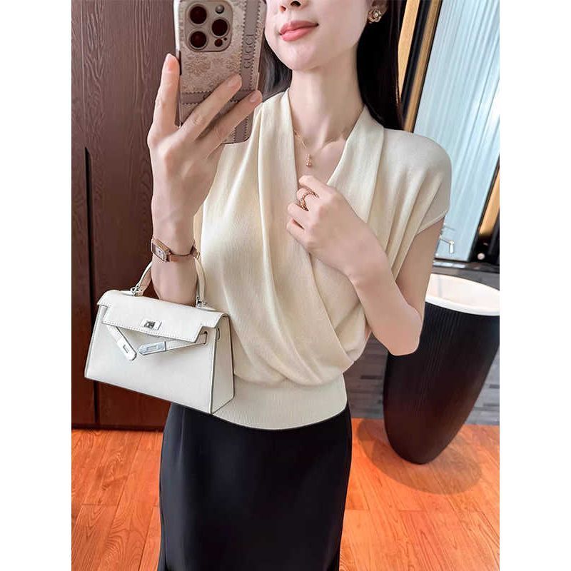 韩系小香风交叉V领针织女夏季宽松收腰显瘦气质短袖上衣打底衫潮