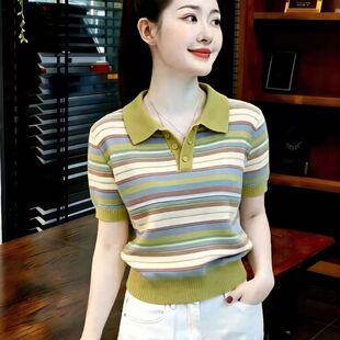 爆款简约休闲风条纹针织衫女2026年夏季新款巨好看套头短袖上衣潮