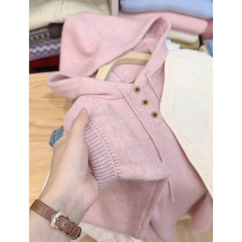 韩系粉色连帽针织衫女冬大码胖MM慵懒风宽松毛衣显瘦打底衫上衣