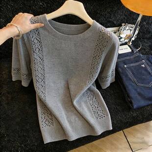超好看爆款 胖MM复古chic洋气圆领短袖 新款 女夏季 显瘦上衣 针织衫