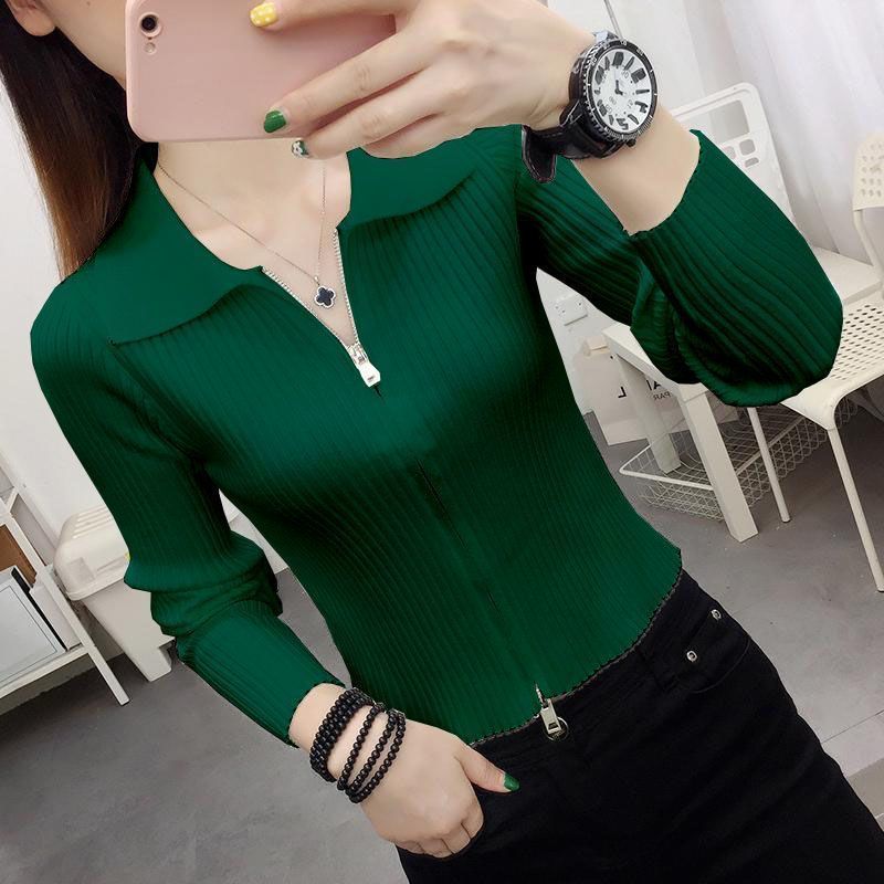 翻领时尚百搭上衣2023春秋女装新款修身显瘦短款双拉链长袖上衣潮