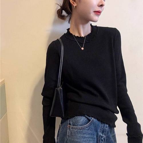 极简零度木耳边秋冬女打底针织衫