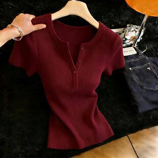 超好看修身 胖MM复古chic洋气高级短袖 新款 女夏季 显瘦上衣 针织衫
