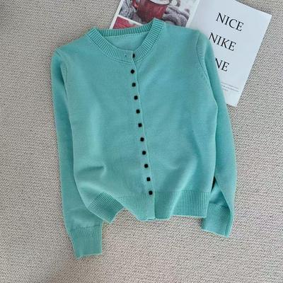 夏日新潮:家淇定制韩版修身针织圆领开衫简约通勤风百搭糖果色系