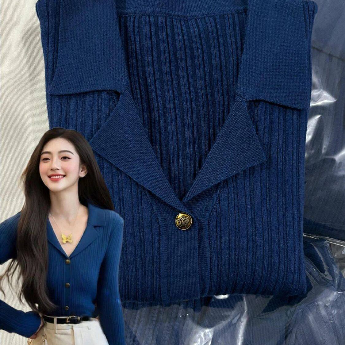 复古蓝色翻领针织开衫女韩系