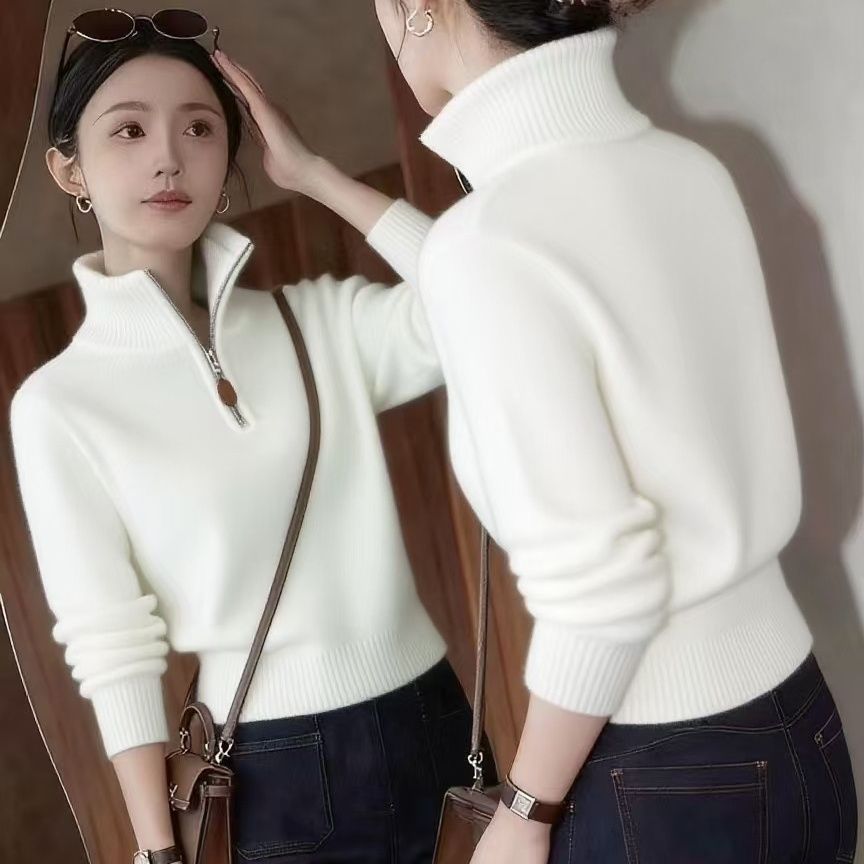 白色半高领拉链毛衣女2025秋冬高级感宽松内搭可外穿软糯针织上衣