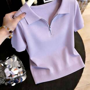 半拉链设计Polo领冰丝短袖 200斤 t恤女极简风宽松显瘦上衣