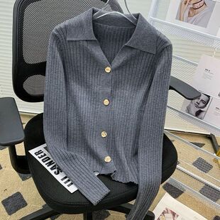 2024年秋冬新款洋气POLO领针织衫修身显瘦开衫毛衣薄款外套上衣女